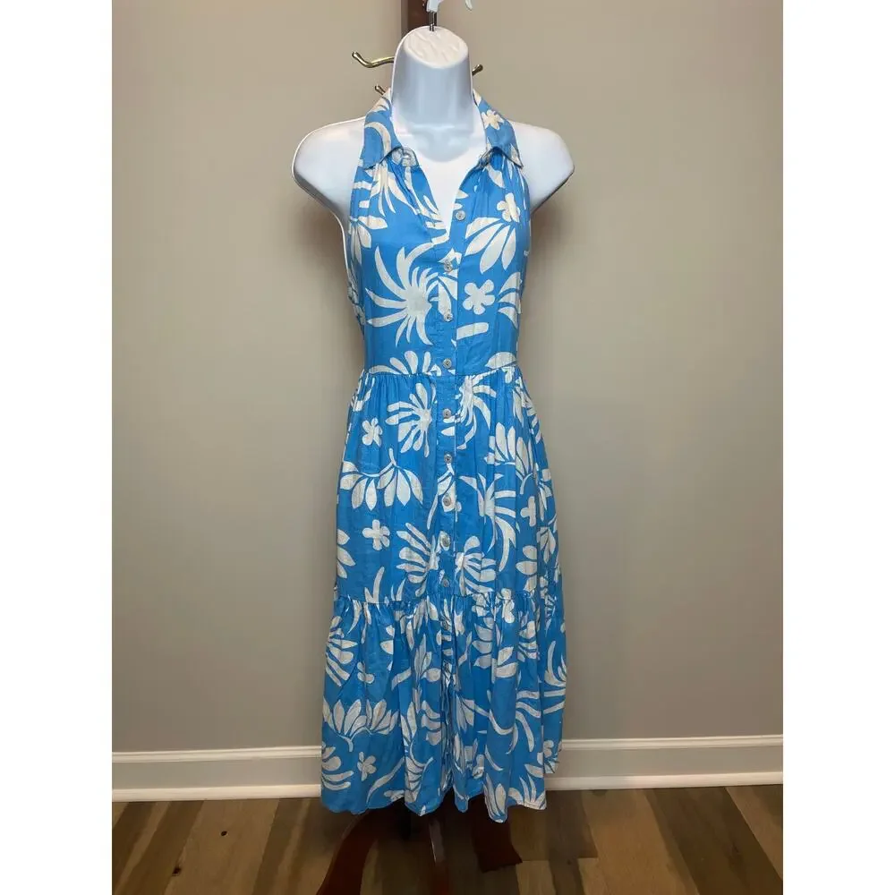 Nicole Miller Linen‑Blend Blue Floral Button‑Front Dress Size XS Loose Fit